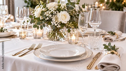 An elegant wedding table is arranged with white flowers candles glassware and...