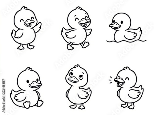 Set of six cute cartoon duck outlines in different poses on a white background for kids and coloring book design