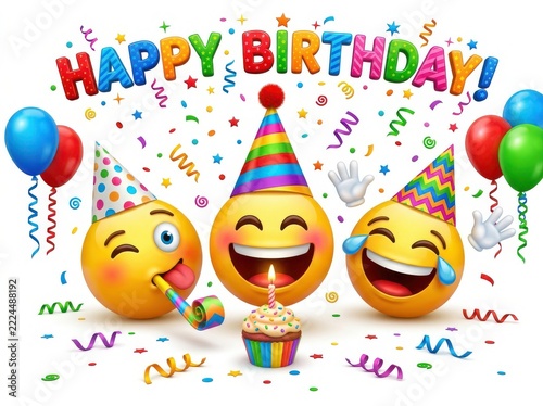 Happy Birthday colorful text with three party emojis, balloons and confetti on a white background