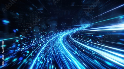 Abstract blue light trails with glowing particles and perspective on a dark background for technology and speed concept