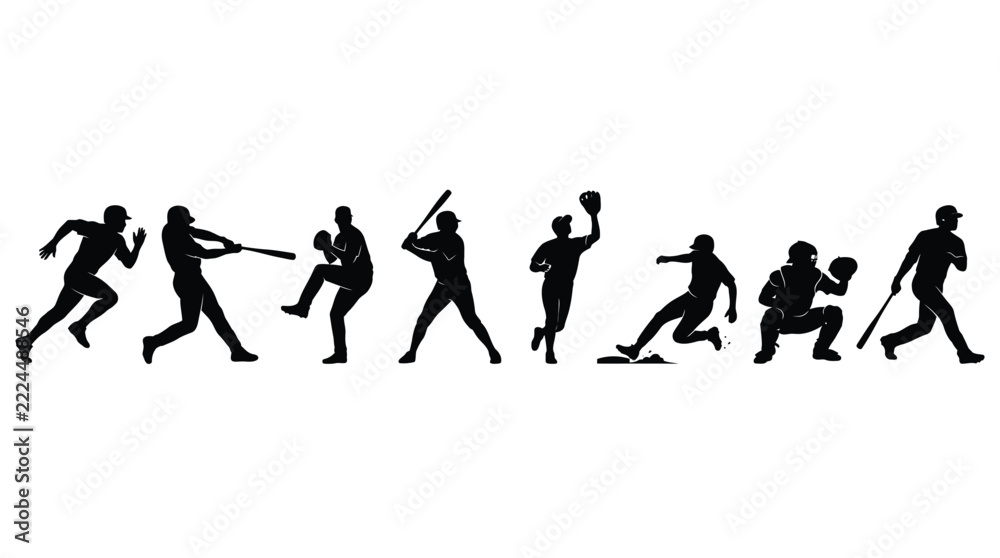 Obraz premium Detailed baseball player silhouettes showcasing various athletic actions and dynamic game postures on white background