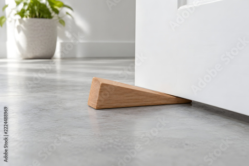 Wooden Door Wedge Holding Open a White Interior Door