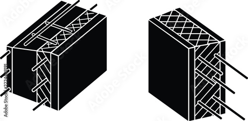 Black silhouette isometric reinforced concrete wall cross section with steel rebar and insulation layers, building construction detail vector illustration for engineering design