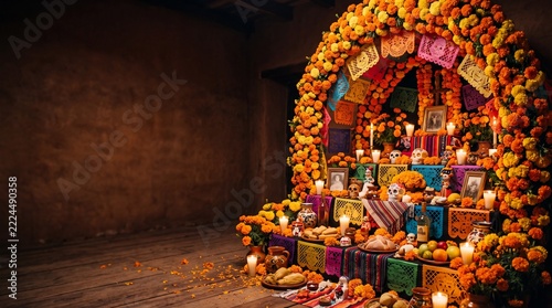 Grand traditional Día de Muertos altar ofrenda setup decorated with a massive marigold flower arch, sugar skulls, glowing candles, ancestral photos, and colorful papel picado banners with copy space