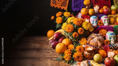 Traditional Día de Muertos altar ofrenda featuring marigold flowers, sugar skulls, pan de muerto, fresh fruit offerings, candles, and papel picado banners on a wooden table with copy space