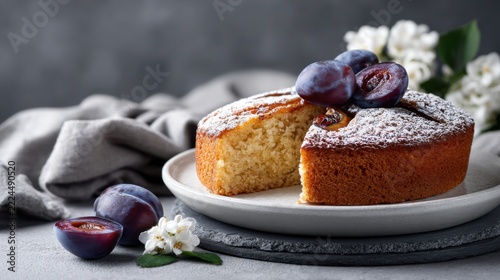 Delicious homemade cake with plums and powdered sugar decoration