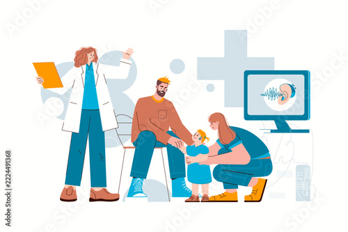 Visit to pediatric ENT specialist. Hearing-impaired child wearing hearing aid. Illustration for the topics: deafness, otolaryngology, pediatrics. Vector character.