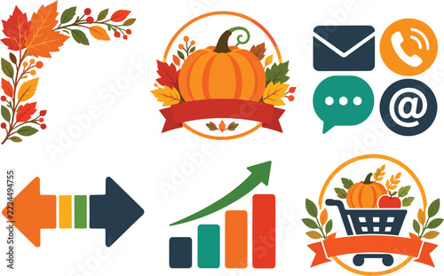 Autumn Thanksgiving Icon Set with Pumpkin Badge, Leaves, Contact and Chart