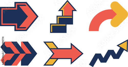 Bold Directional Arrow Icon Set with Chevron, Stairs, Curved and Growth Trend