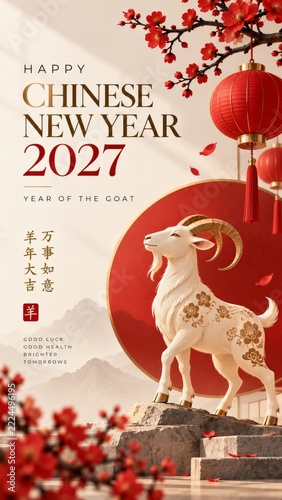 Chinese New Year 2027 Poster with gold goat and red festive landscape