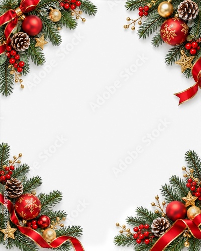 Red and gold ornaments evergreen branches and red bows frame a tall blank whi...