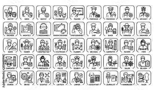 Professions and occupations icon set with doctor, nurse, teacher, engineer, chef, pilot, firefighter, police, lawyer, scientist, mechanic and farmer