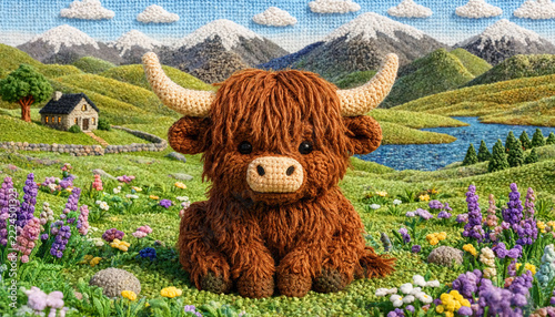 Adorable crochet plush Highland cow figure with shaggy yarn fur, light beige horns and dark brown hooves centered on a green lawn,