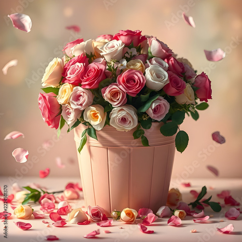 Dreamy Colorful Roses in an Overflowing Flower Bucket