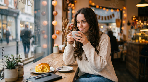 Young woman enjoying a coffee and croissant in a cozy cafe