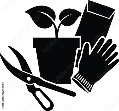 Potted Plant with Gardening Gloves and Pruning Shears Black Vector
