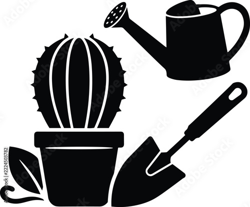 Potted Cactus with Watering Can and Garden Trowel Vector Illustration