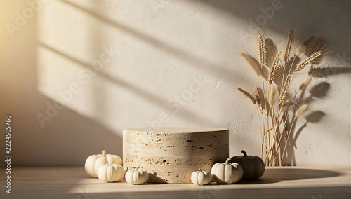 Autumn Product Display Podium with Travertine Stone Pedestal, White Miniature Pumpkins, Dried Wheat, and Sunlight Shadow on Beige Wall