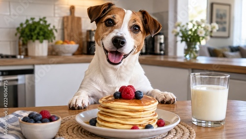 A happy small dog sits at a breakfast table beside pancakes berries and a gla...