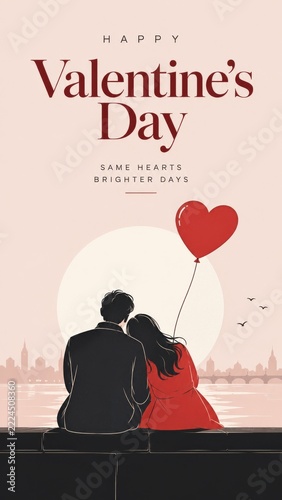 Valentines Day Poster with couple seated beside waterfront and heart balloon