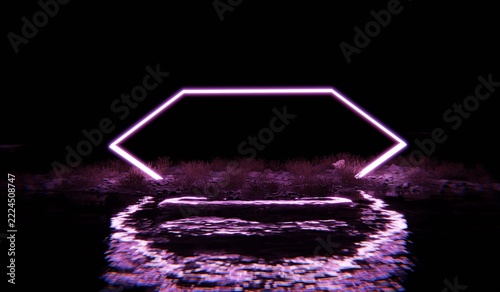 Glowing hexagonal frame, neon light, 3D illustration.