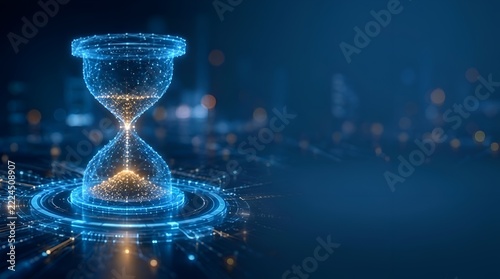 Futuristic digital hourglass with glowing blue plexus wireframe and golden light particles inside, conceptualizing time management, deadline, and technology progress on dark background with copy space