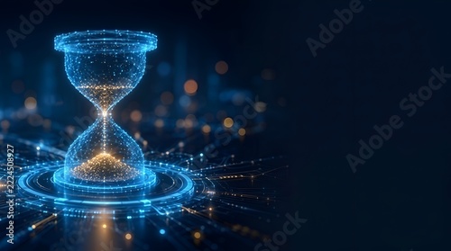 Futuristic digital wireframe hourglass glowing with blue and gold light on a high-tech circuit background, symbolizing time management and technology deadlines with negative space on the right