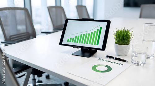Office conference table setup with tablet showing financial growth charts and sustainability reports.