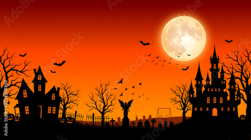 Silhouette of spooky haunted houses and a castle under a full moon with bats flying on Halloween night.