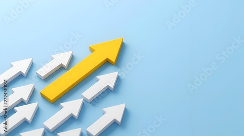 Leading yellow arrow pointing diagonally upward followed by multiple white arrows representing leadership, business growth, visionary management, and successful strategy on a blue background.