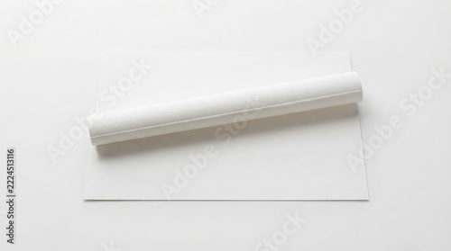 Close up of a roll of white paper with a slight shadow on a clean white surface for design mockups