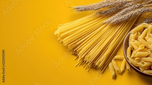 Fresh Pasta and Wheat Grain on Vibrant Yellow Background