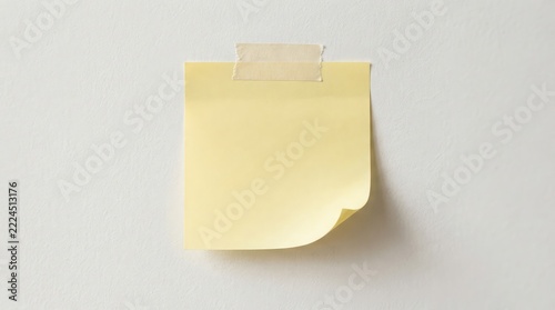 Close up of a single yellow sticky note adhered to a clean white surface with a slightly curled edge