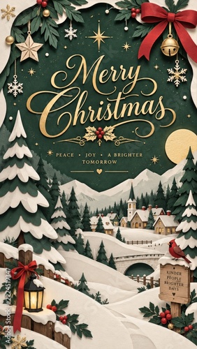 Layered snowy hills fir trees and a small village surround gold Christmas let...