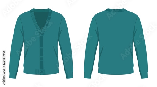 Teal Cardigan Sweater Mockup Front and Back View Blank Apparel Template for Fashion Design and Garment Branding