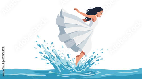 Joyful Woman in White Dress Leaping Through Water Splash, Freedom and Happiness Concept