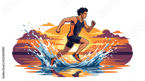 Athlete running through water splash at sunset, illustration of fitness and determination