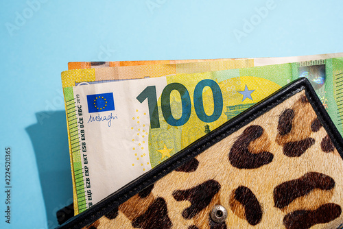 Euro currency notes in leopard print wallet