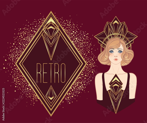 Art Deco design template with elegant flapper girl, geometric shapes, and decorative elements in dusty rose and gold tones. Perfect for invitations, fashion branding, events, or digital decor.