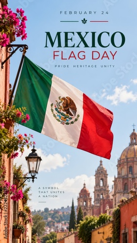 Mexican Flag Day Poster with Mexican flag and colorful town in a Vertical Gre...