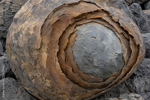Onion skin spheroidal weathering of a basalt boulder
