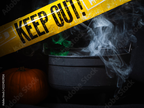 Halloween decorations with smoke cauldron