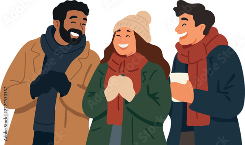 Flat vector illustration of three happy friends wearing winter coats, scarves, hats and mittens, smiling together while holding a hot drink, isolated on a transparent background.