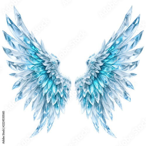 Crystal wings made of blue ice shards, isolated on transparent background. Fantasy element, magical creature design, gaming assets, digital art decoration.
