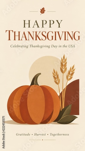 Thanksgiving Poster with illustrated pumpkin leaves and wheat