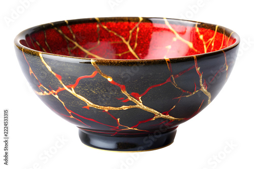minimalist black and red textured Bowl with golden line kintsugi on transparent background


