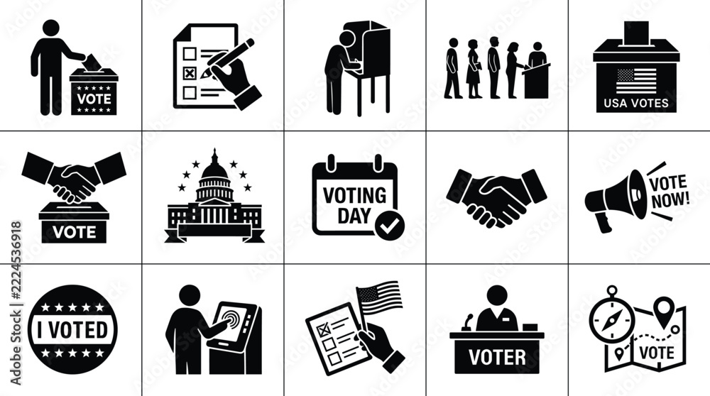 USA election and voting icon set vector ballot box politics and ...