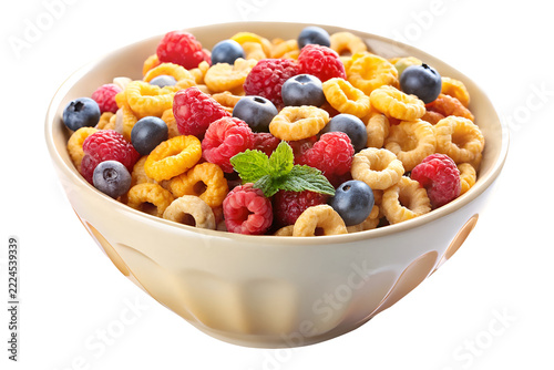 bowl of cornflake and fruits on transparent background