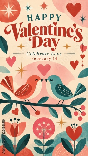 Valentines Day Poster with red lovebirds hearts and green leaves
