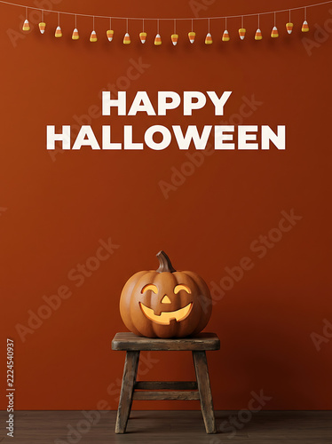 Happy Halloween poster with pumpkin and candy corn banner on orange background.